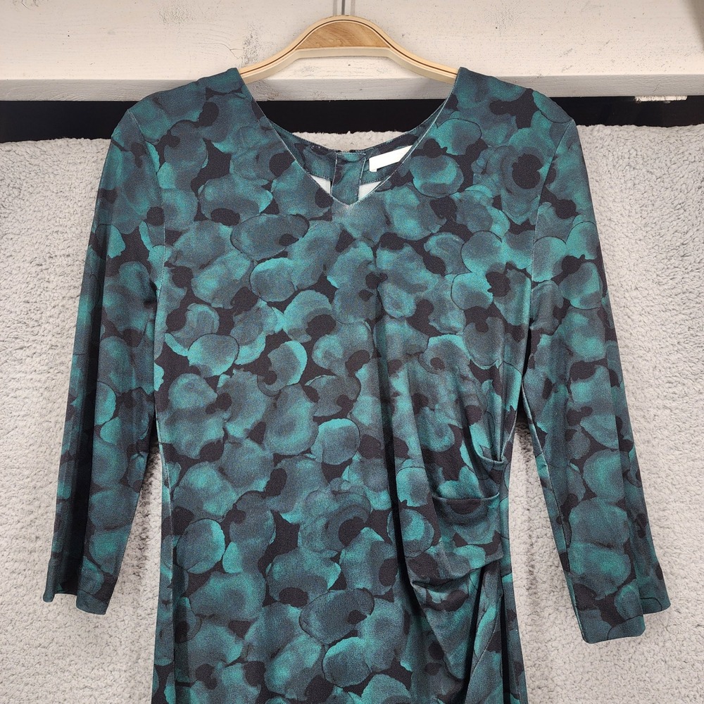 Hugo Boss Teal Black Abstract Print Ruched V-Neck Sheath Dress 3/4 Sleeve - Picture 8 of 12
